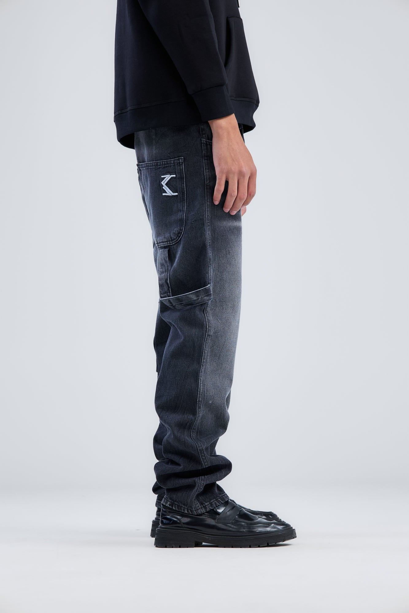 Embroidery Washed Denim wide leg jeans