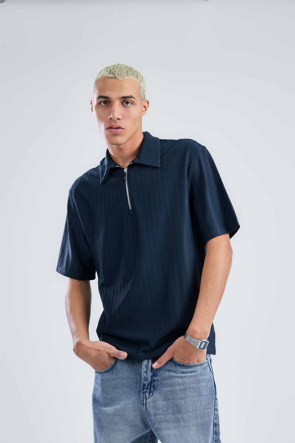 Vertical Stripe Zip Polo Shirt
