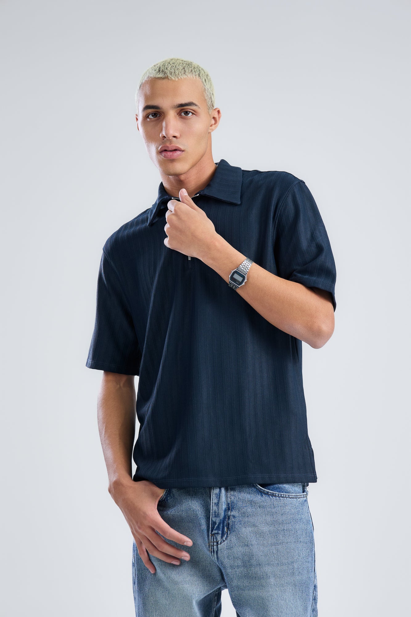 Vertical Stripe Zip Polo Shirt