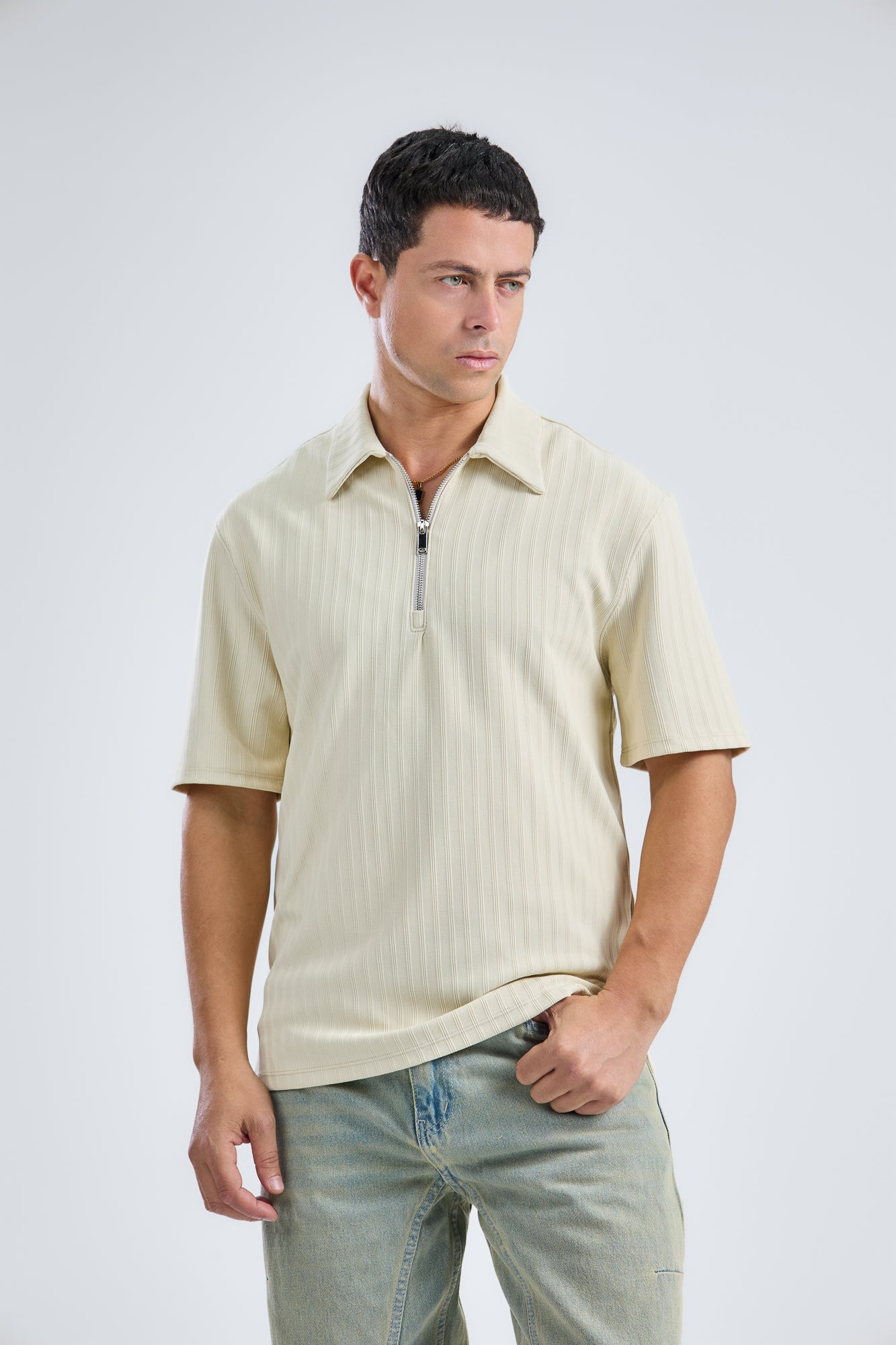 Vertical Stripe Zip Polo Shirt
