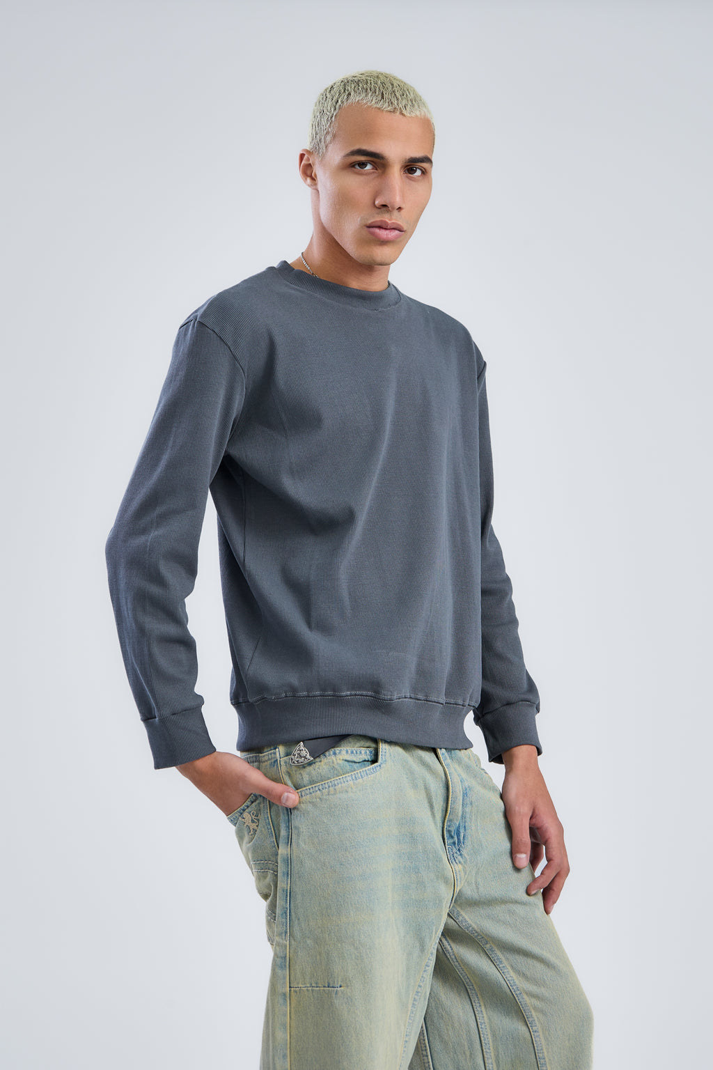 Basic Ribbed Trims Round T-Shirt