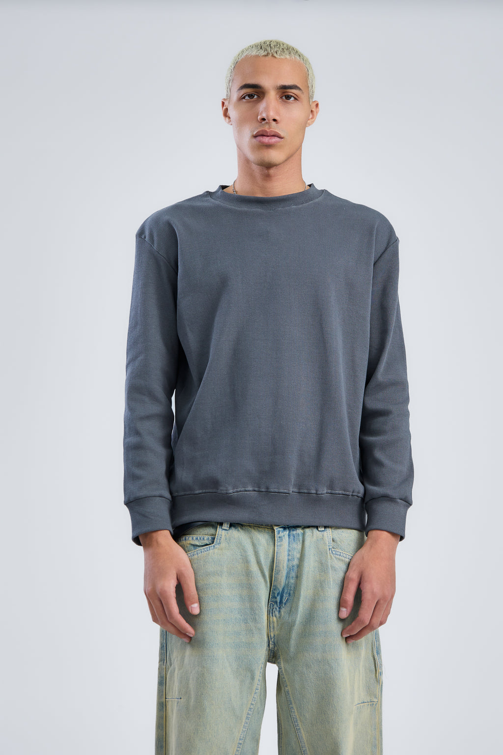 Basic Ribbed Trims Round T-Shirt