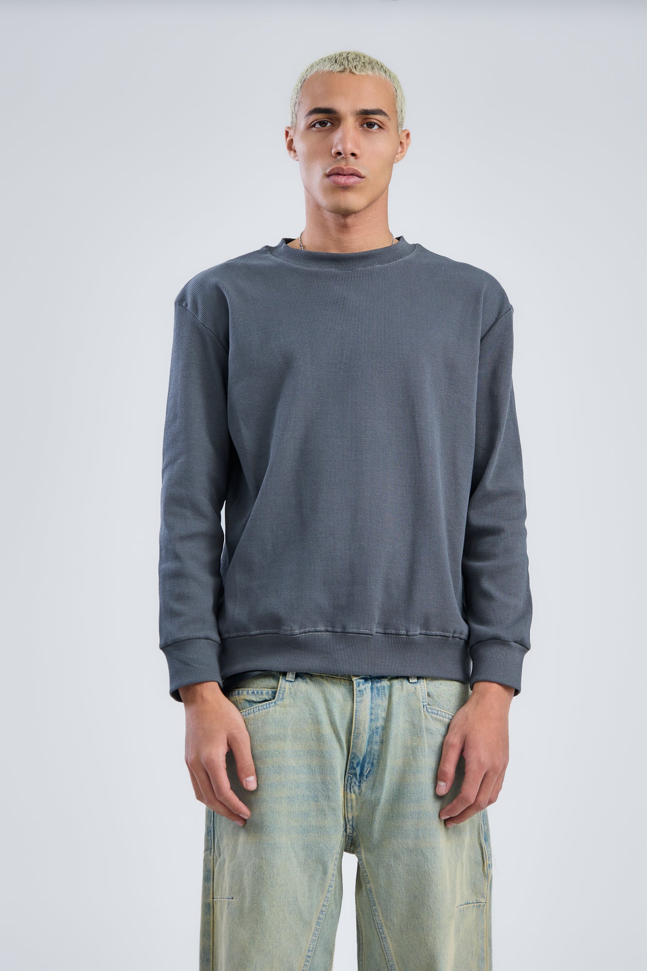 Basic Ribbed Trims Round T-Shirt