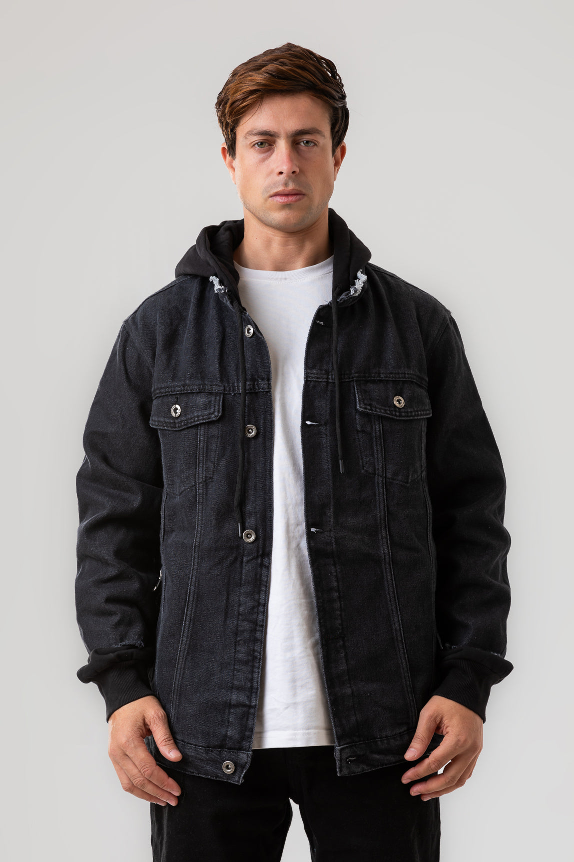 DENIM JACKET WITH JERSEY SLEEVES COVERED WITH A DENIM LAYER