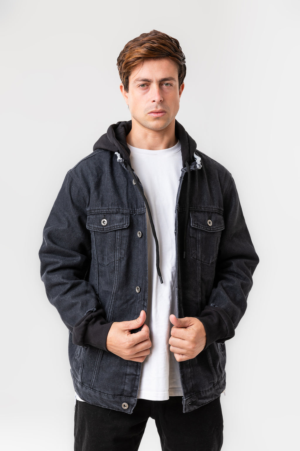 DENIM JACKET WITH JERSEY SLEEVES COVERED WITH A DENIM LAYER