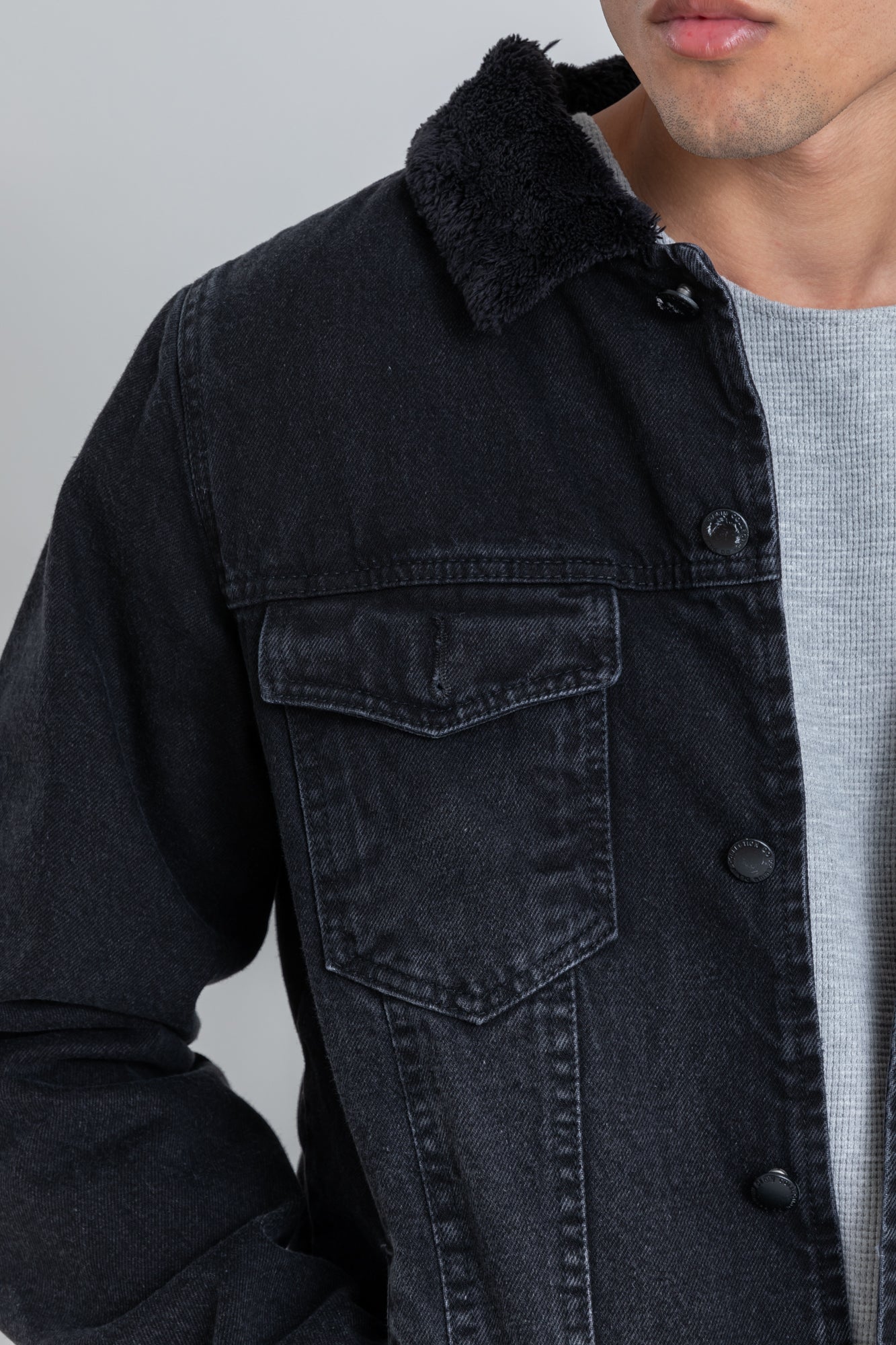 DENIM TRUCKER JACKET WITH BORG COLLAR